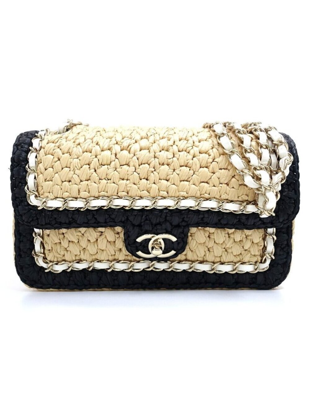 Chanel Chain Shoulder Bag Raffia Natural